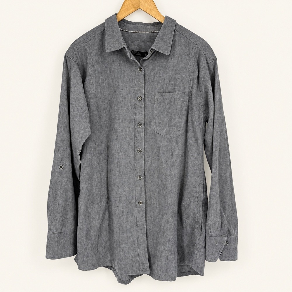 prAna Women Medium Vapor ASTER Hemp Lyocell Tunic Pockets Shirt Roll Tab Granola